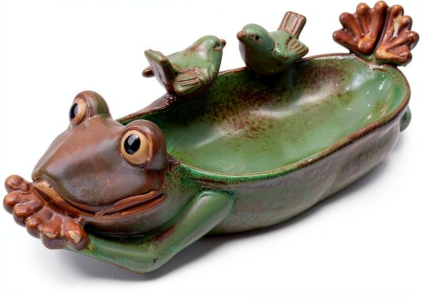 Frog Bird Feeder Ceramic Garden Bath Waterer Decorative Tray-0