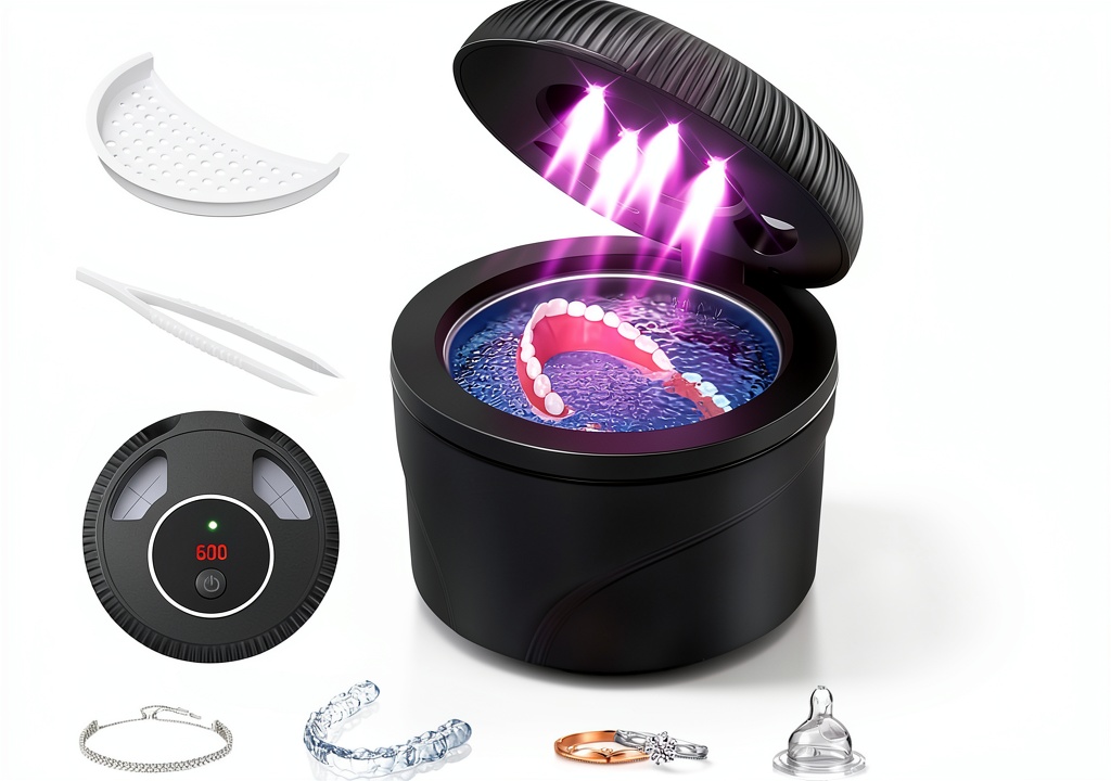 WBXWBX ultrasonic retainer cleaner in use on a bathroom counter