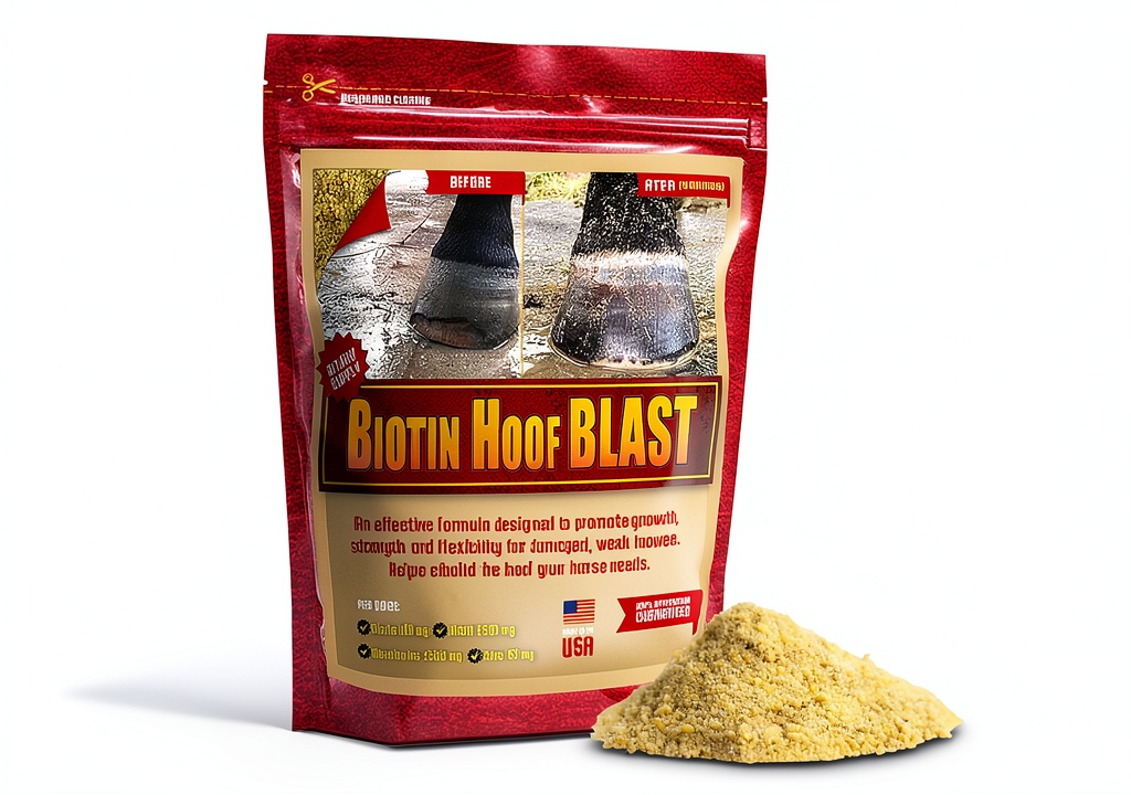 Biotin Hoof Blast supplement container with horse in background