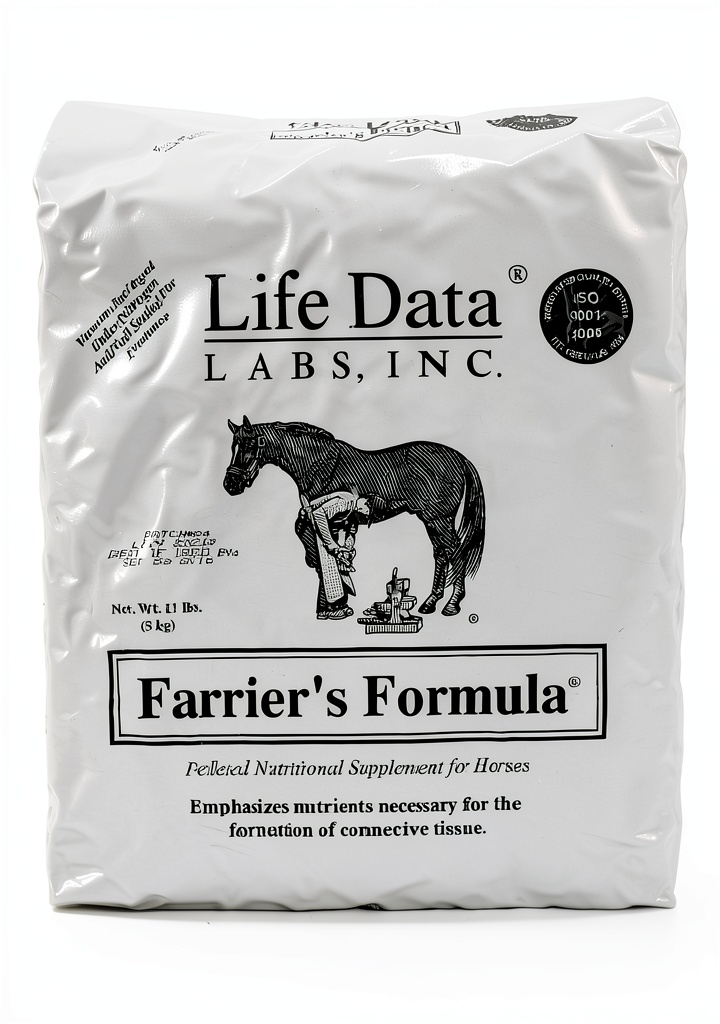 Farriers Formula pelleted supplement bag displayed with horse