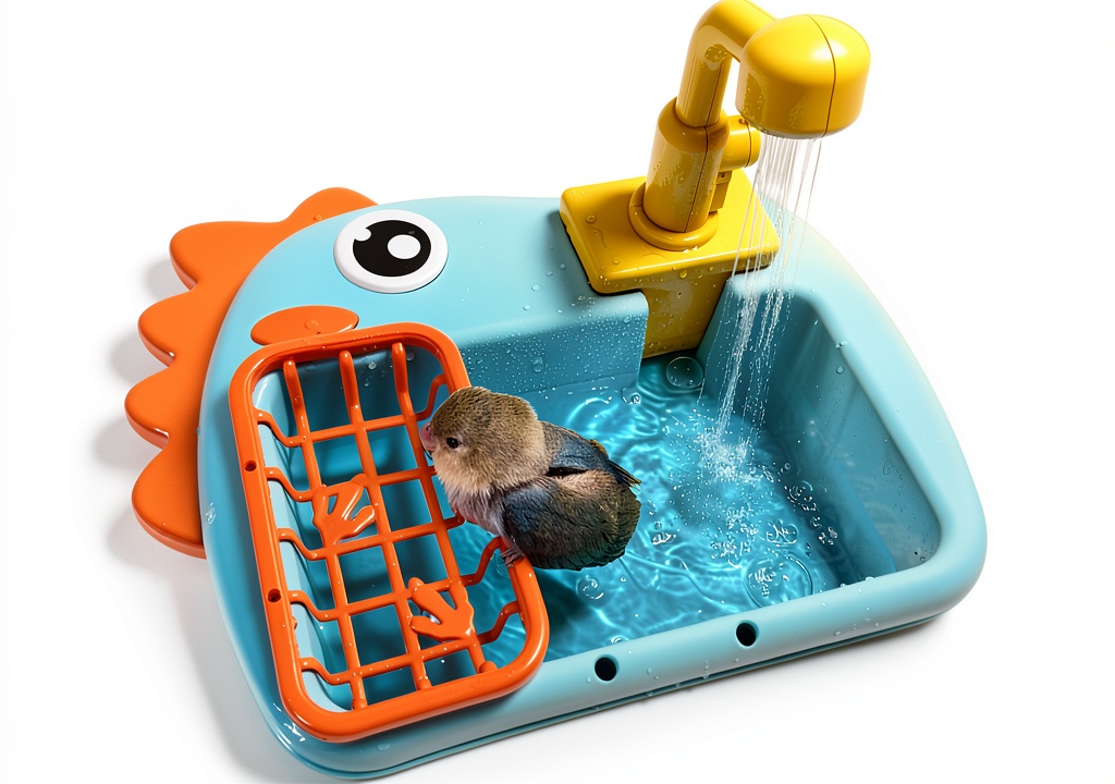 PRFOKEY bird bath with automatic faucet in use by a cockatiel