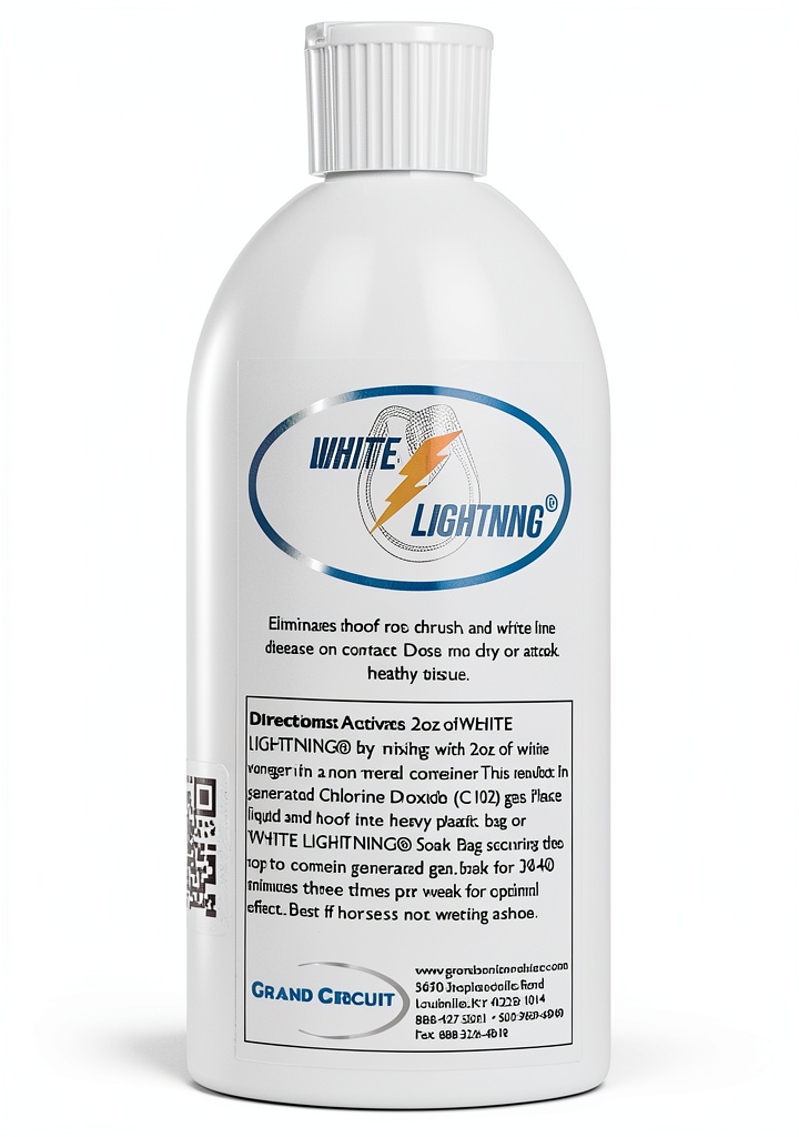 White Lightning Hoof Liquid bottle shown next to horse hoof