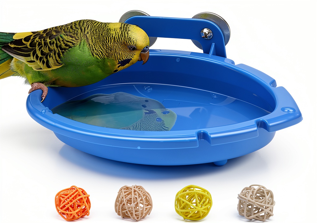 Mygeromon bird bath tub bowl installed on a wire cage with a small bird nearby