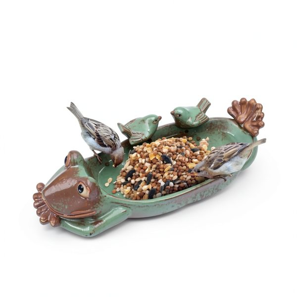 Frog Bird Feeder Ceramic Garden Bath Waterer Decorative Tray-3