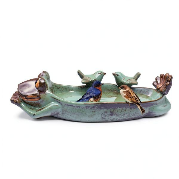 Frog Bird Feeder Ceramic Garden Bath Waterer Decorative Tray-2