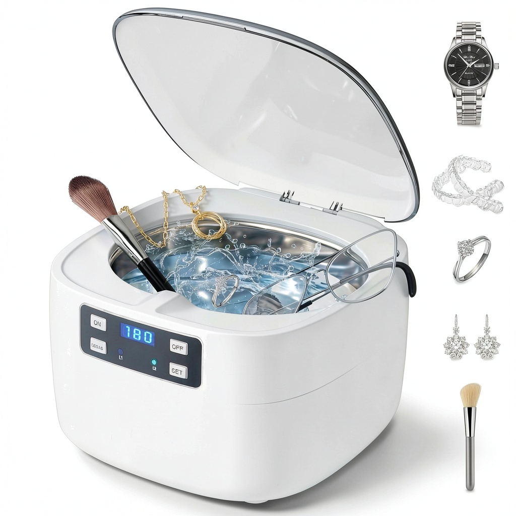 GiveBest Ultrasonic Jewelry Cleaner in use on a table with jewelry