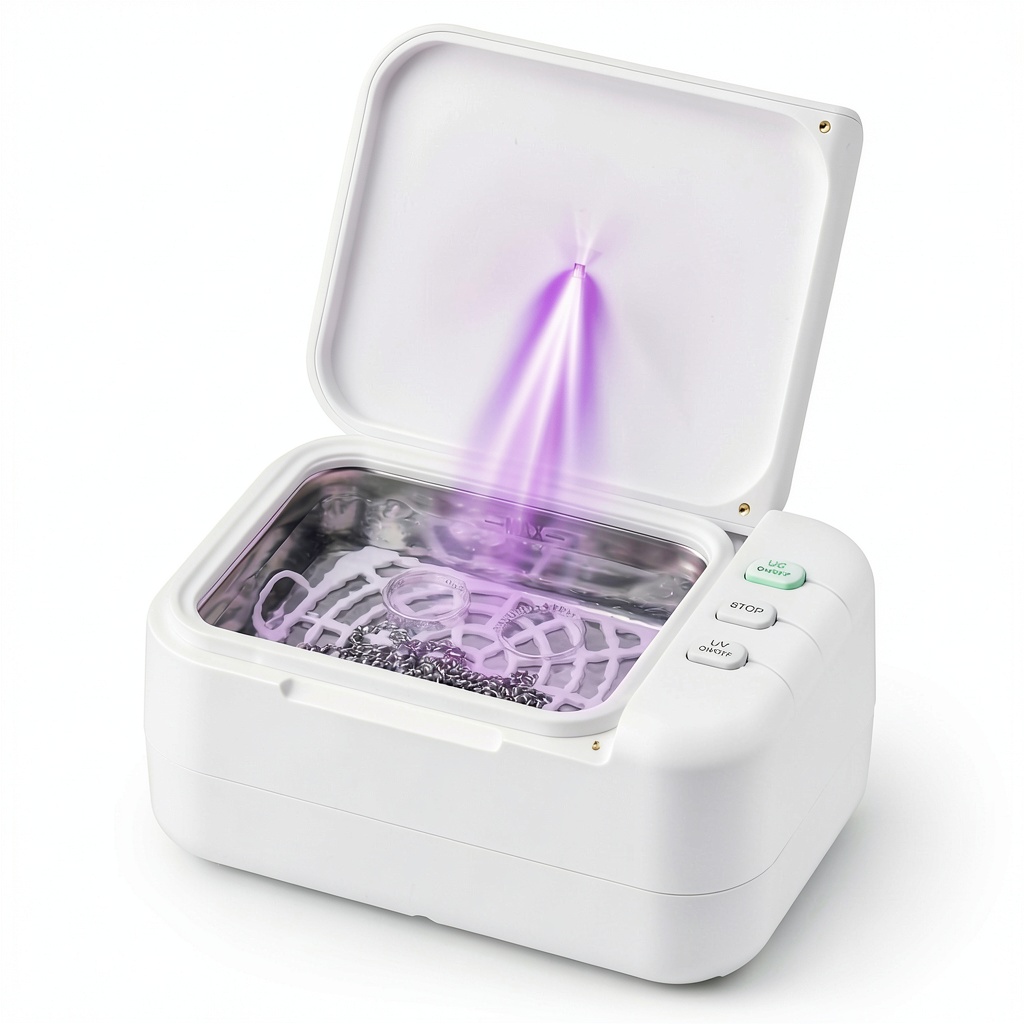 CREWORKS ultrasonic cleaner placed on a countertop with jewelry items