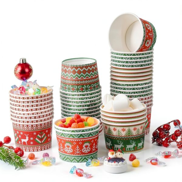 Whaline Paper Snack Bowls 48-Pack Ugly Sweater Holiday Red Green 9oz-4